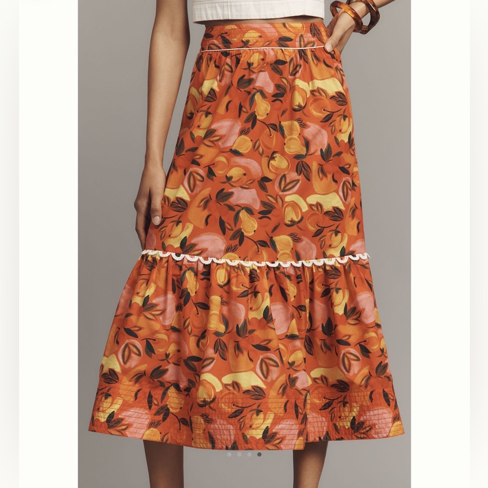🍊FARM Rio Tiered Midi Skirt Flare Hem New XL Printed Orange Fruit Anthropologie - Picture 4 of 15